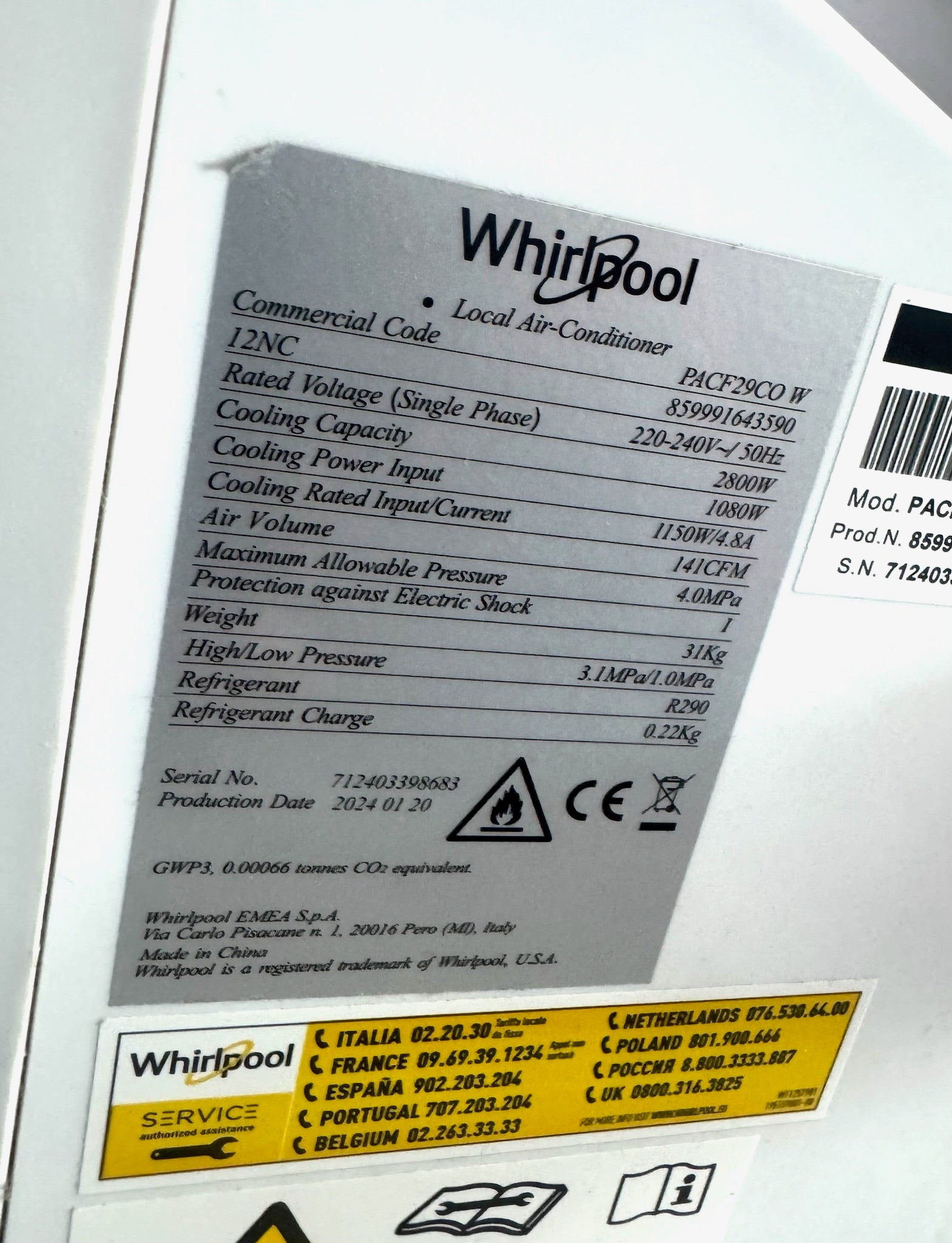 Aire Acondicionado Portátil Whirlpool PACF29COW